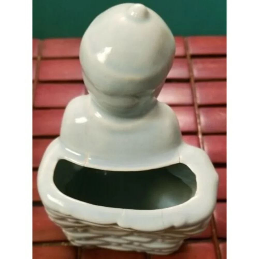 Vintage 1950s Blue Ceramic Vase Planter Chinese Monk In Traditional Costume